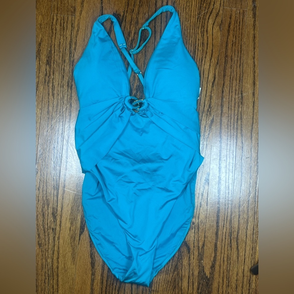 NWT Trina Turk Monaco High Leg One Piece Swimsuit Turquoise Size 8 - Picture 4 of 6